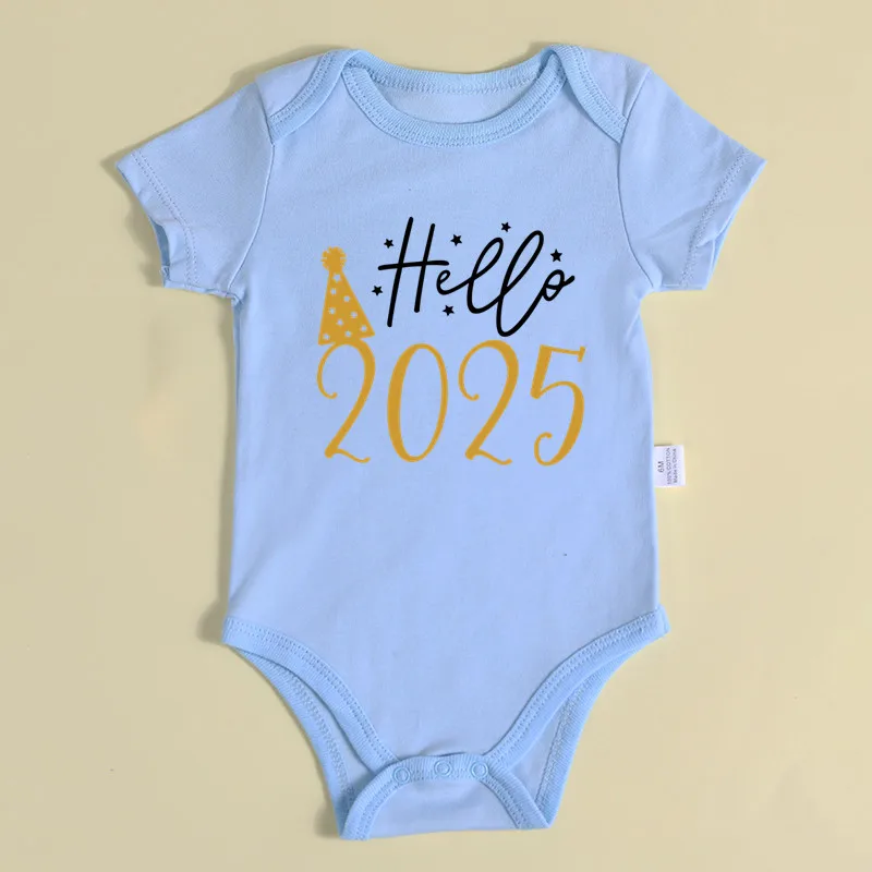 Hello 2025 Newborn Baby Bodysuit Cotton Short Sleeve Infant Rompers Body Baby Boys Girls New Year Ropa Clothes Christmas Gift