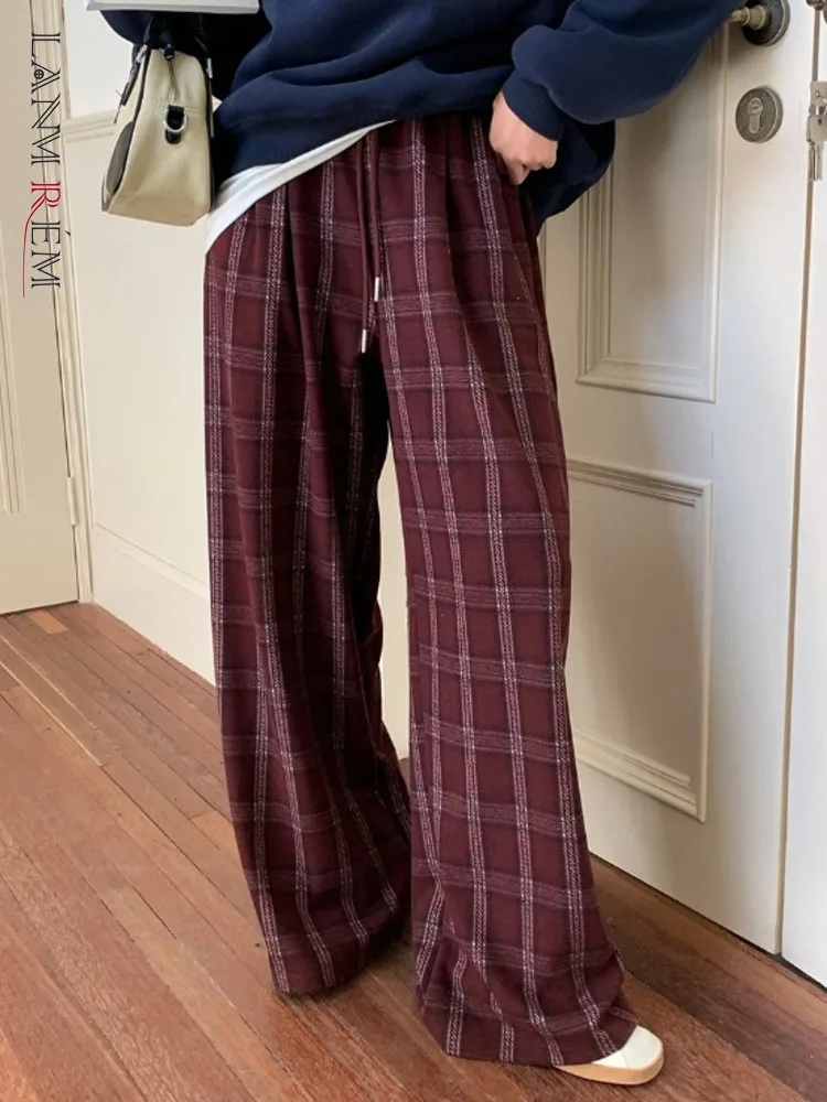 

[LANMREM] Vintage Plaid Contrast Color Pants For Women Elastic High Waist Wide Leg Trousers Office Lady 2025 Spring New 26C1601