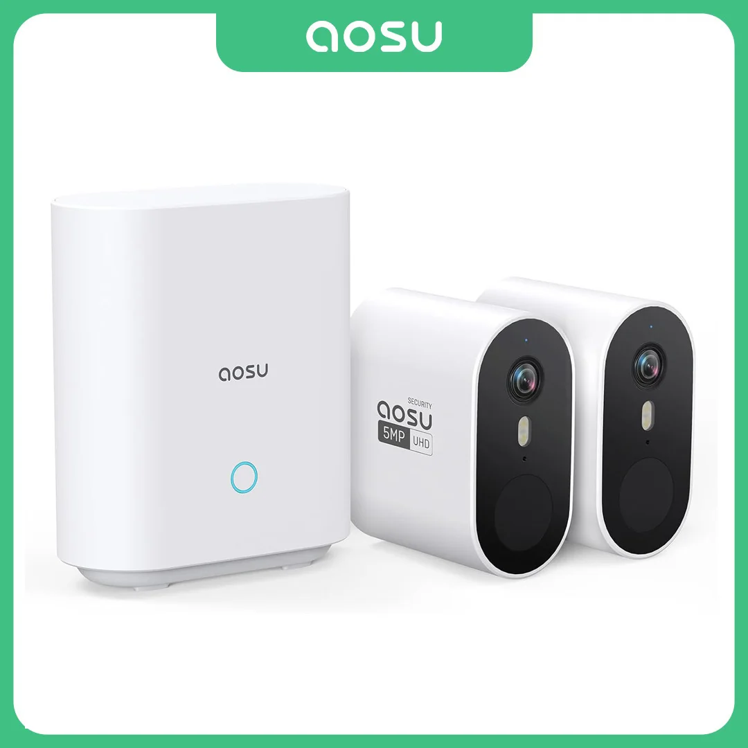 AOSU 5MP Wireless Camera System 2 Cameras Kit 5200mAh Built-in Battery Color Night Vision Two-way Audio CCTV Camera Set