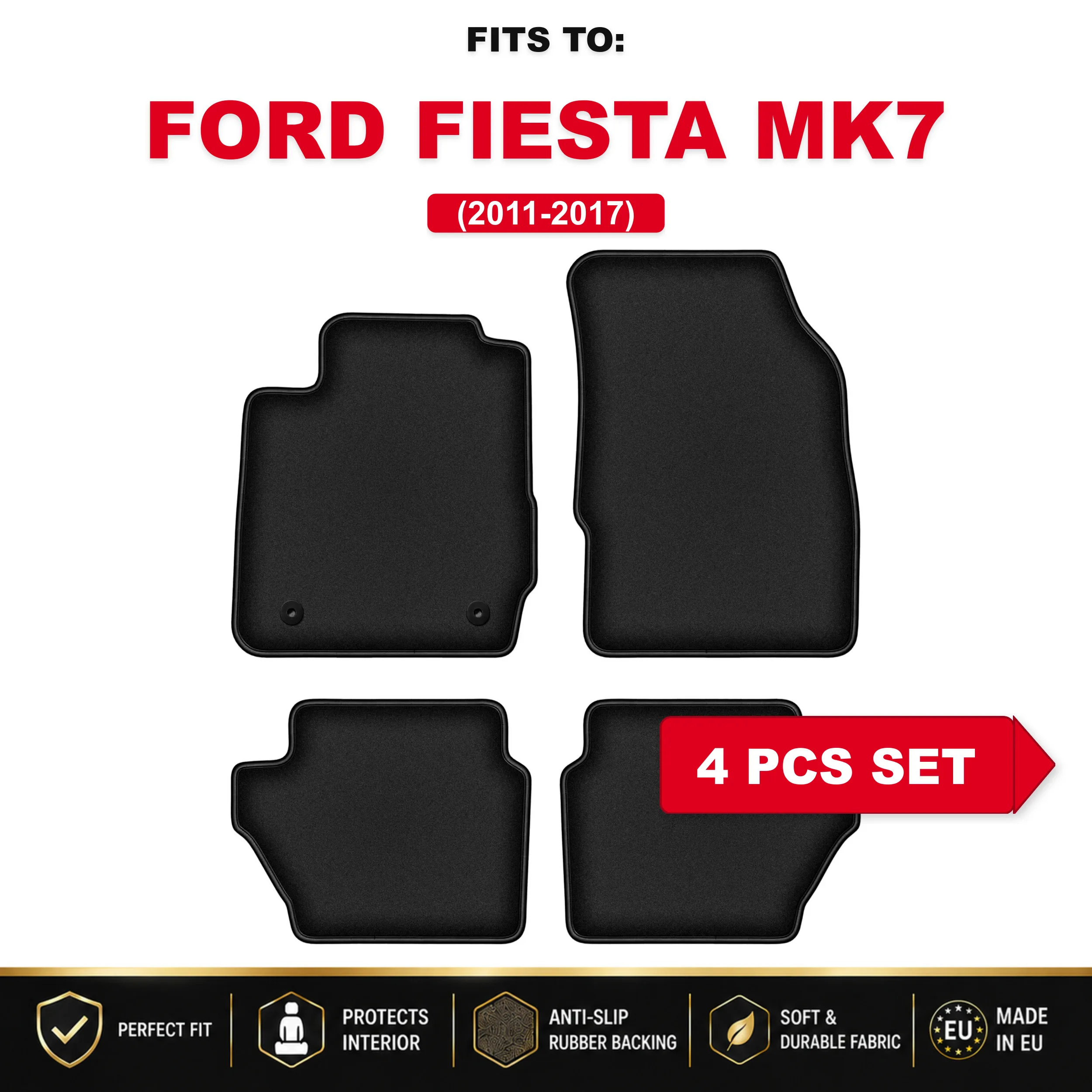 Zwarte velours autovloermatten, 4 stuks Voor: Ford Fiesta MK7 2011-2017 in de auto passende automattenset