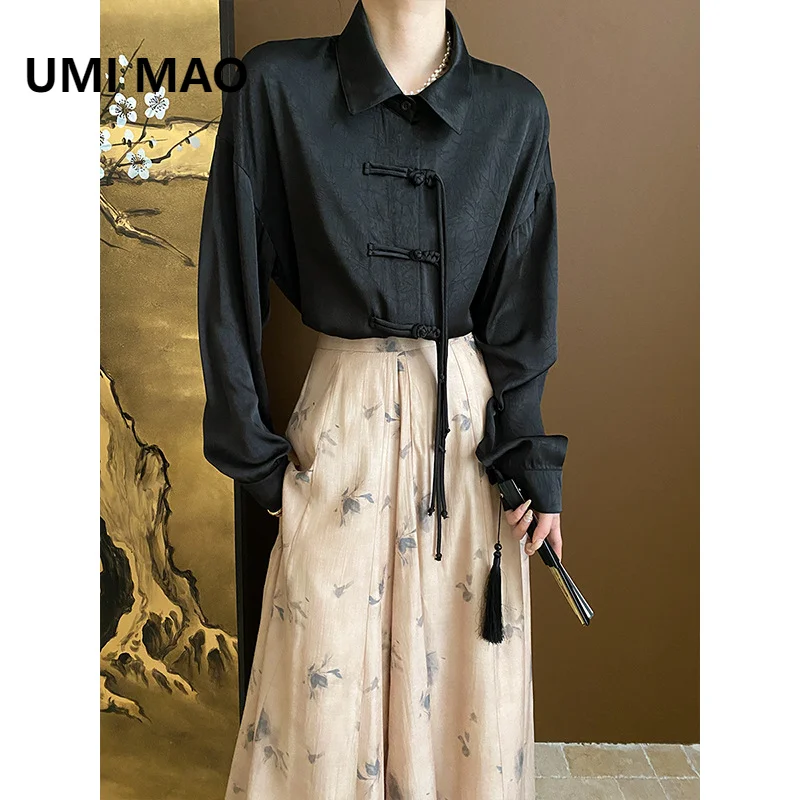 

UMI MAO New Chinese Design Top Autumn Winter New Chinese Style Su Pan Button Satin Jacquard Long Sleeve Shirt Femme Y2K