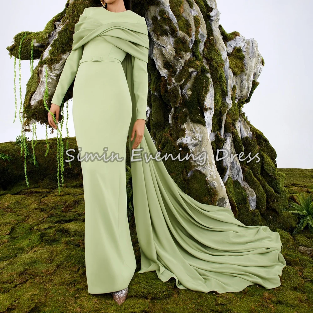 

Simin Crepe Straight O-neck Pleats Simple Saudi Evening Dresses For Women 2025 With Long Sleeves Arab Draped Long Party Dress
