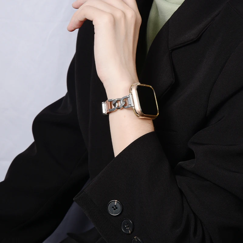 Chain+Leather Strap For Apple Watch Ultra band 49mm 45mm 41mm Women Narrow bodyMagnetic Bracelet iWatch Series 9 8 7 SE 6 5 4 3