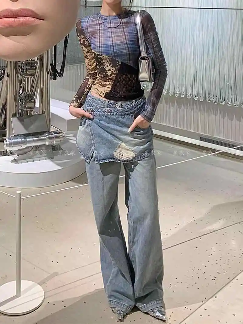 

2024 Summer Women's Casual Blue Harajuku Jeans Vintage Loose Fit Washed Pants Y2K Wide Leg Punk Baggy Pockets Denim Trouser