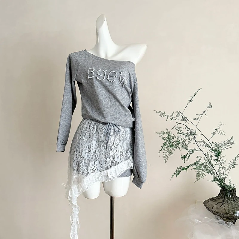 

2026 spring new nail bead letter off shoulder sweatshirt+irregular design lace patchwork shorts skirt casual two piece set