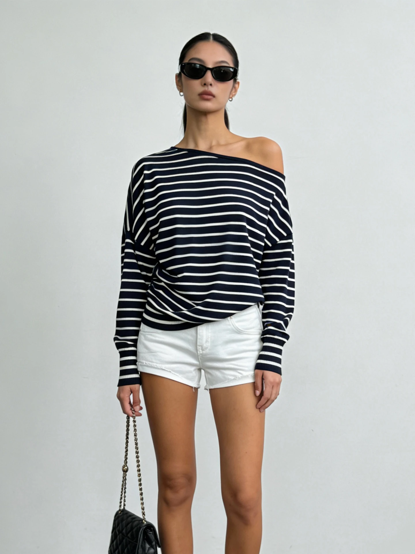 

Женский свободный приталенный полосатый трикотажный топ UMI с открытыми плечами и длинными рукавами в французском стиле, мягкий вязаный топ с рукавами «летучая мышь», новинка весенней коллекции