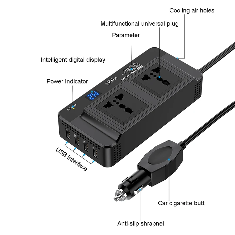 200w inversor de carro dc 12v/24v para ac 220v conversor de energia inversor 4 usb 5v 4.8a tomada de carregamento rápido tomada adaptador de energia