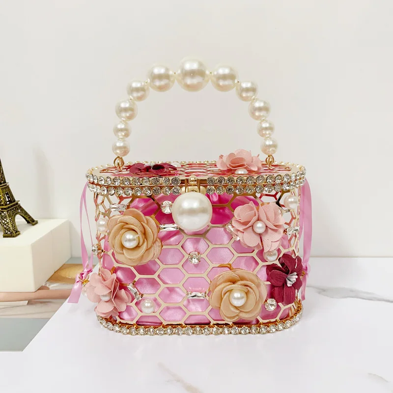 Dinner Bag Hollowed Out Diamond Set Flower Pearl Hand Crossbody Bag for Women Luxury Designer Handbag Chain Purse