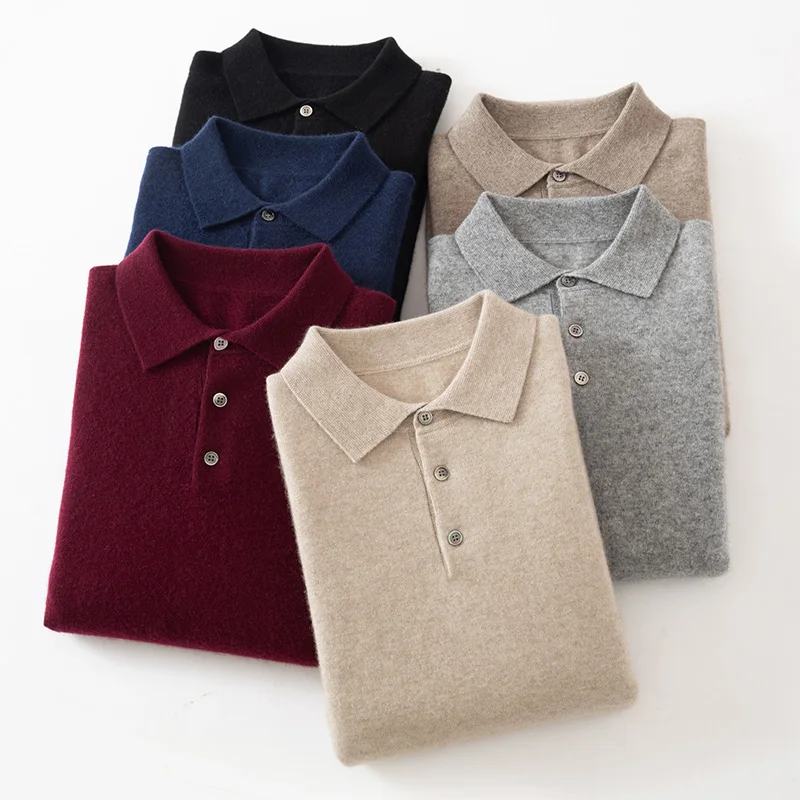 100% puro cashmere gola polo masculina pulôver2025 outono e inverno novo suéter de malha de caxemira negócios casual masculino topo