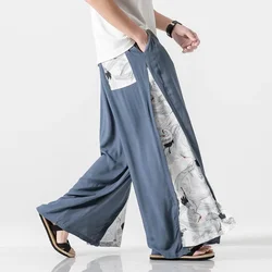 2025 Cotton Linen Wide Leg Pants Men Women Chinese Style Patchwork Vintage Leisure Trousers Summer Harem Pants Male Baggy Pants