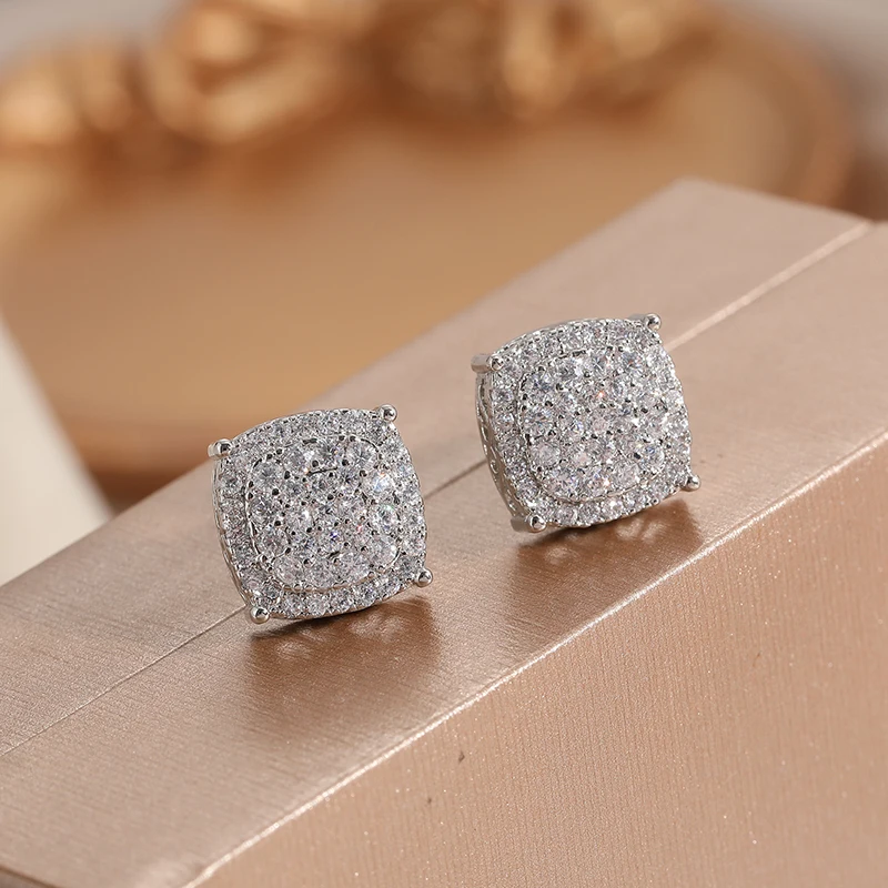 Dazzling Silver Color Square Inlaid Cubic Zirconia Stud Earrings for Women Fashion Engagement Wedding Earrings Jewelry