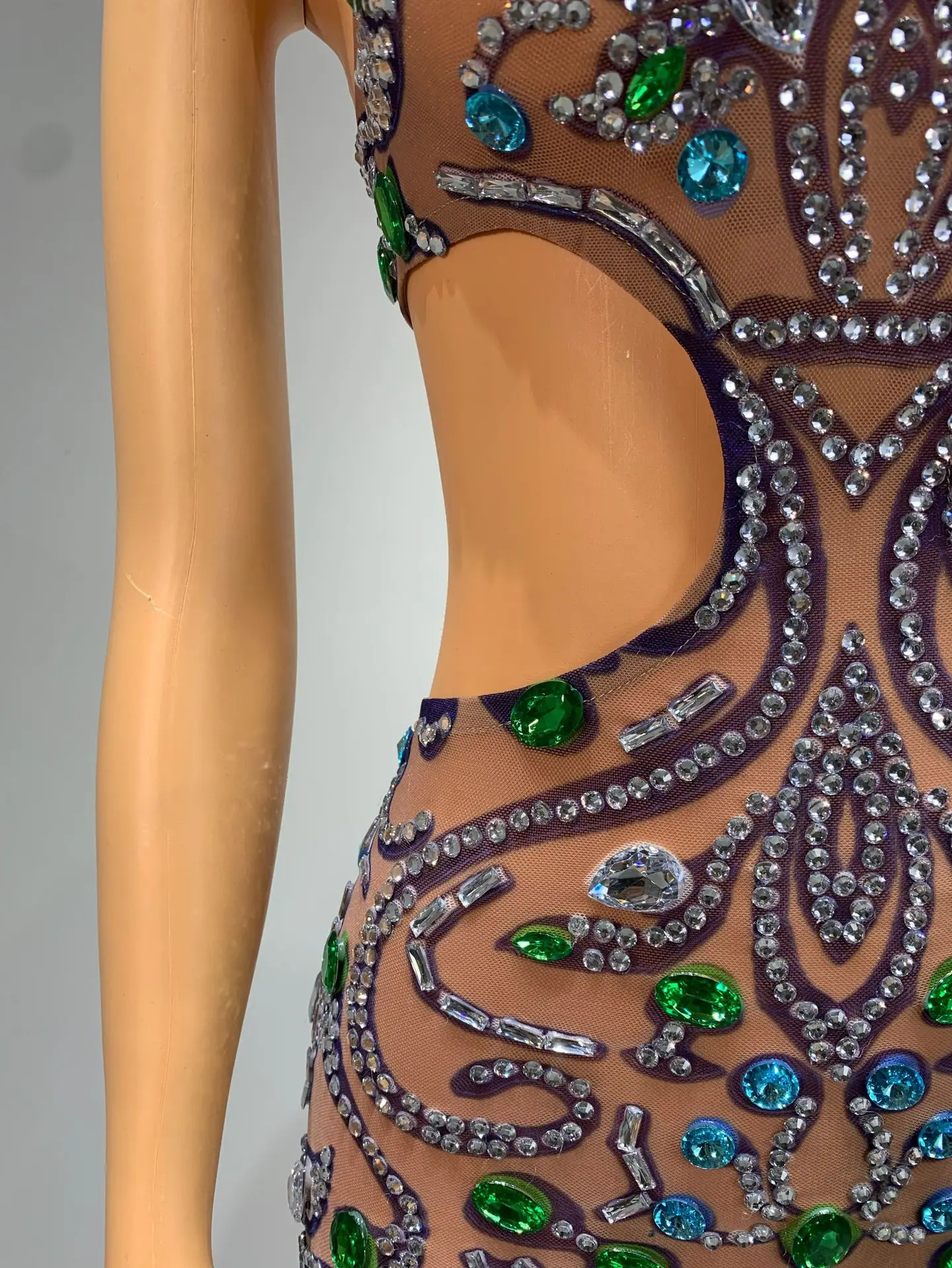 Ready Dress Women Sexy Rhinestone Mesh Dress Halter Cutout Bodycon Mini See Through Evening Club Nightwears Real Photo Costumes