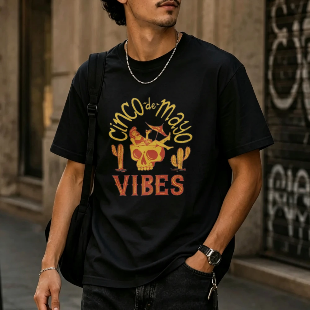 Men Cotton T-shirt Cinco De Mayo Vibes Skull Cactus Retro Print Tee Summer Casual Streetwear Mexican Holiday Graphic Tops Gifts