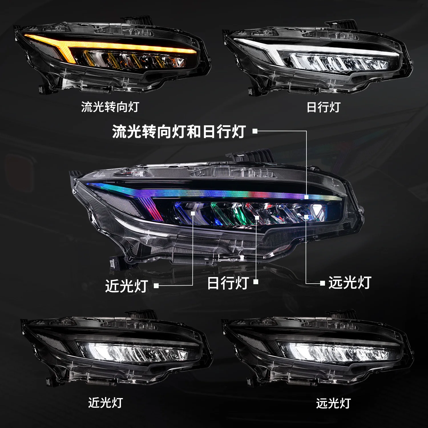 LED RGB Headlights For Honda Civic 10th Gen 2016-2022 with Sequential Turn Signal Sedan/Coupe/Hatchback EX/LX/Sport/Touring/Si/T