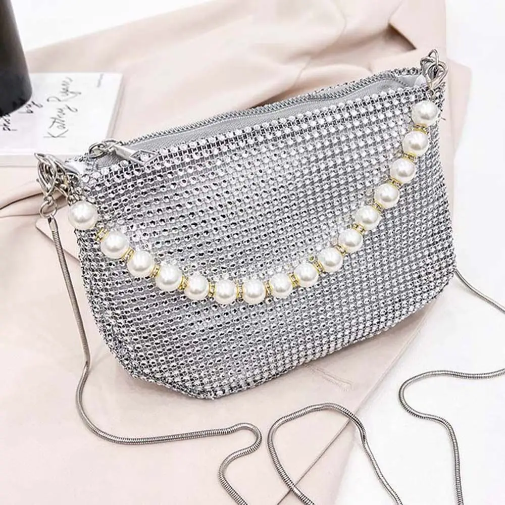 Crystal Rhinestone Shoulder Bag Large Capacity Korean Style Pearl Handle Handbag Zircon Phone Bag Zipper