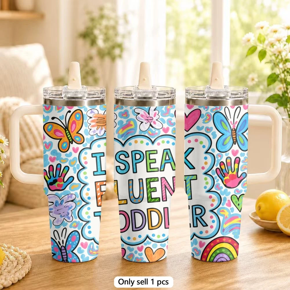 Cute Drawings Vacuum Flasks 40oz Stainless Steel Tumbler with Handle Straw Lid Vacuum Insulated Double Wall Leak Proof