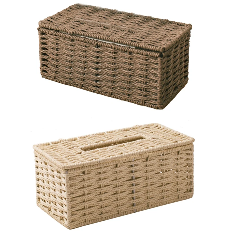 2X Rattan Tissue Box, Vintage Napkin Holder, Case Clutter Storage Container Cover(Coffee&Beige)