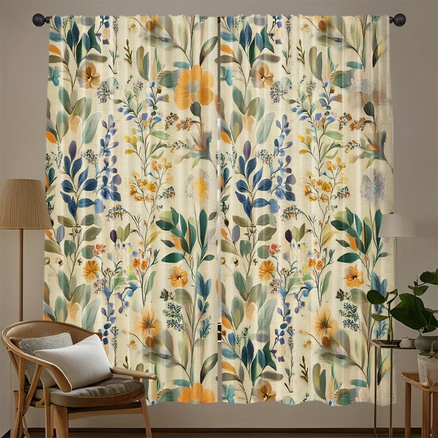 2PCS Digital Print  Curtain, Vintage Colorful Leaves, Rustic Farmhouse Window Treatment Drape for Bedroom Kitchen Decor