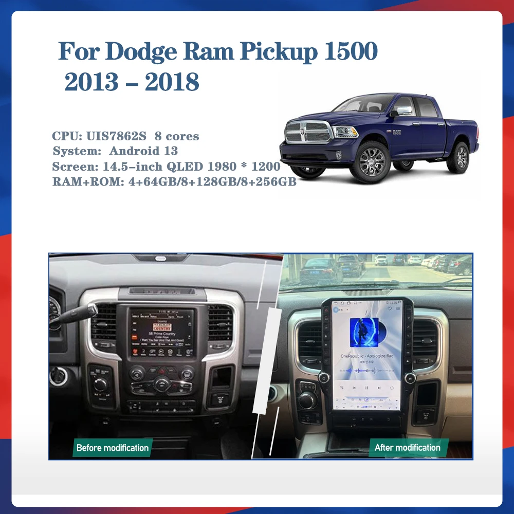 14.5inch Android13 Car Multimedia Video Player For Dodge Ram Pickup 1500 2013 - 2018 GPS Navigation Radio Carplay 4G wifi