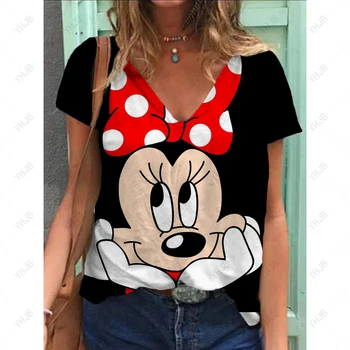 Mode Damen T-Shirt Disney Minnie Mickey Maus Druck Kleidung V-ausschnitt Tops Sommer Harajuku Damen Pullover Übergroßen Weiblichen