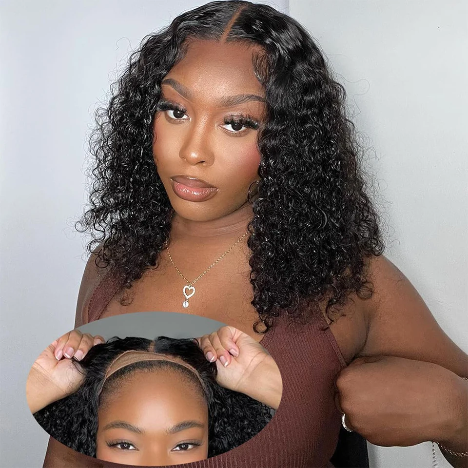 

Wear And Go Curly Human Hair Bob Wig Natural Color Peruvian 4x4 Pre Cut Lace Glueless Wigs Human Hair Ready To Wear Density 180