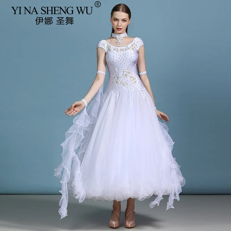 Women Waltz Competition Ballroom Dress Standard Mordern Dance Performance Stage Costume Evening Gowns Short Sleeves Rhinestones