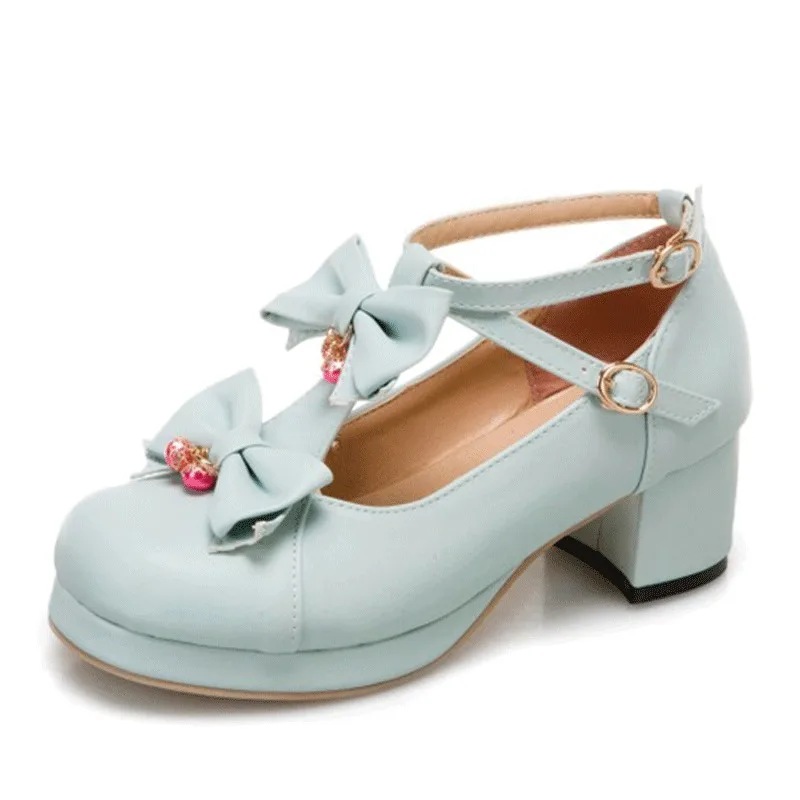 Women Sweet Lolita Style Round Toe Mid Heel Pumps Bow Decor Student Daily Dress Shoes