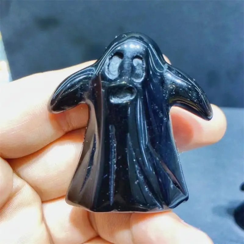 5CM Natural Black Obsidian Halloween Ghost Carving Obsidian Mineral Goddess Statue Crystal Figurines Decor Crafts For Gifts