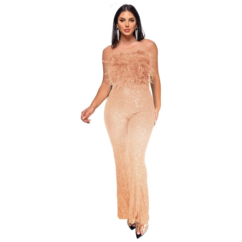 

2025 New Sleeveless Halter Backless Sequin Feather Flared Leg Jumpsuit Women Summer Fashion Elegant Style