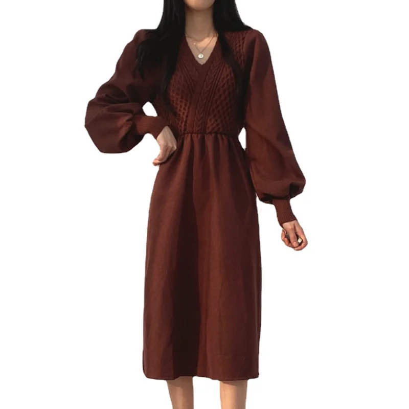 Vintage Autumn Knitted Korean Solid Woman Sweater Dress Women Dresses Thick 2022 Clothing Warm Winter Elegant Apricot Vestido