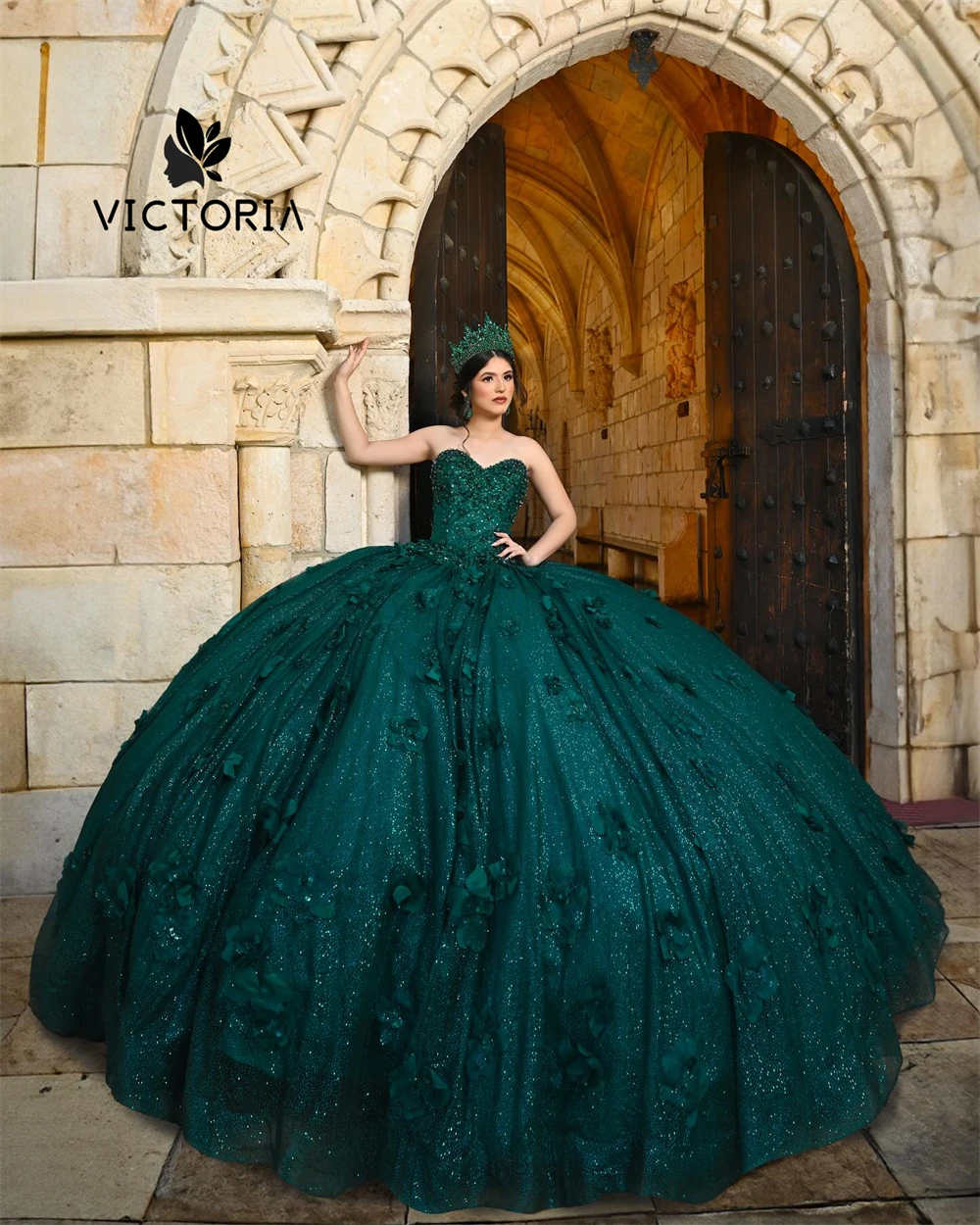 

Sparkly Green Sweetheart 3D Flowers Quinceanera Dresses Ball Gown Mexican Sweet Sixteen Dress Wedding Gowns Corset