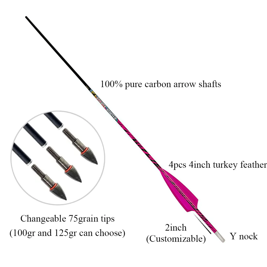 12pcs Linkboy Archery  Carbon Pink Arrows Spine 300 340 500 75gr Point Tips 4pcs 4inch Feather for Recurve Bow Hunting Shooting