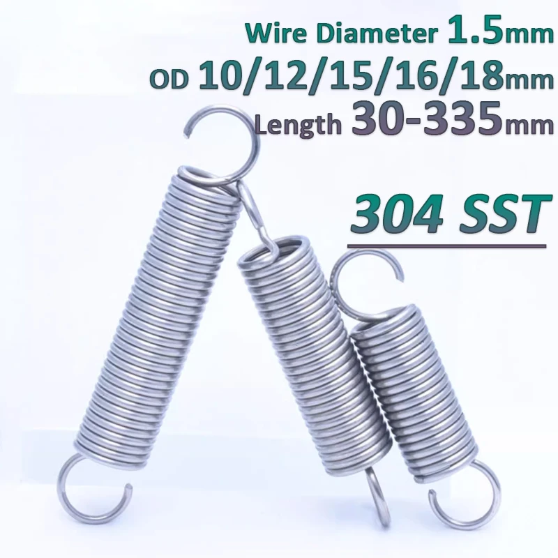 1.5mm 304 Stainless Steel Open S Hook Tension Spring Helical Stretching Pullback Extension Expansion Tensile Springs L=30-335mm