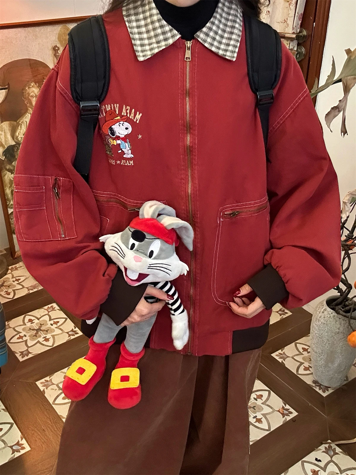 

Cartoon Embroidery Patchwork Loose Jaet for Men And Women Couples Workwear Coat Autumn Season Vintage Sle Long Sve