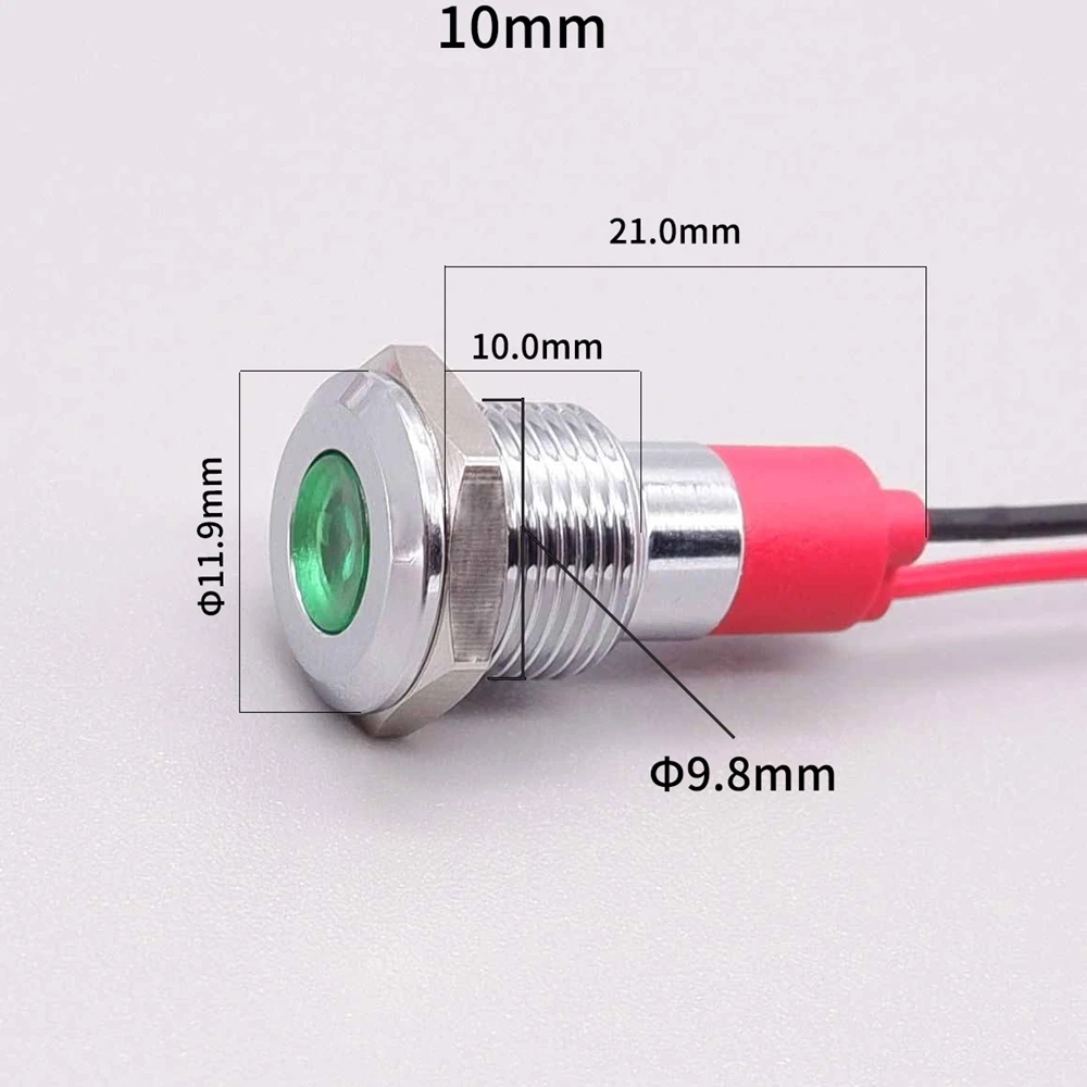 Indicatore luminoso in metallo da 10mm indicatore di alimentazione lampada di segnalazione a LED con filo 3v 6v 12v 24v 110v 220v rosso arancione verde bianco