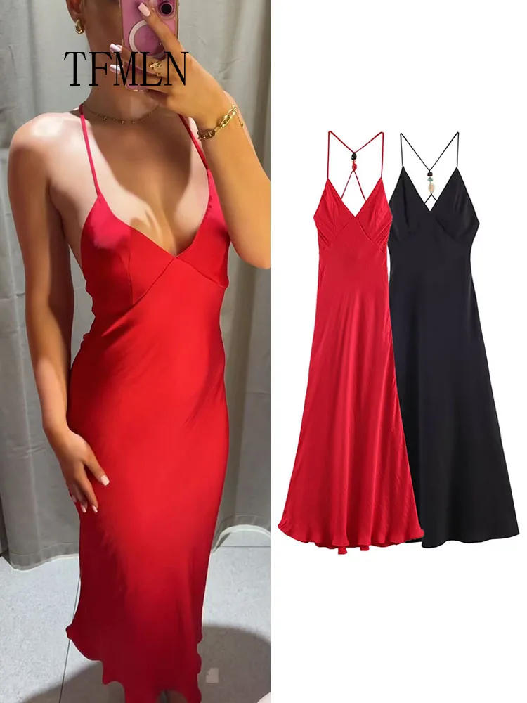 2026 Summer Elegant Women Solid Backless Dresses Fashion Halter Neck Sleeveless Chic Slim Dress Vintage Sexy Ladies Party Dress