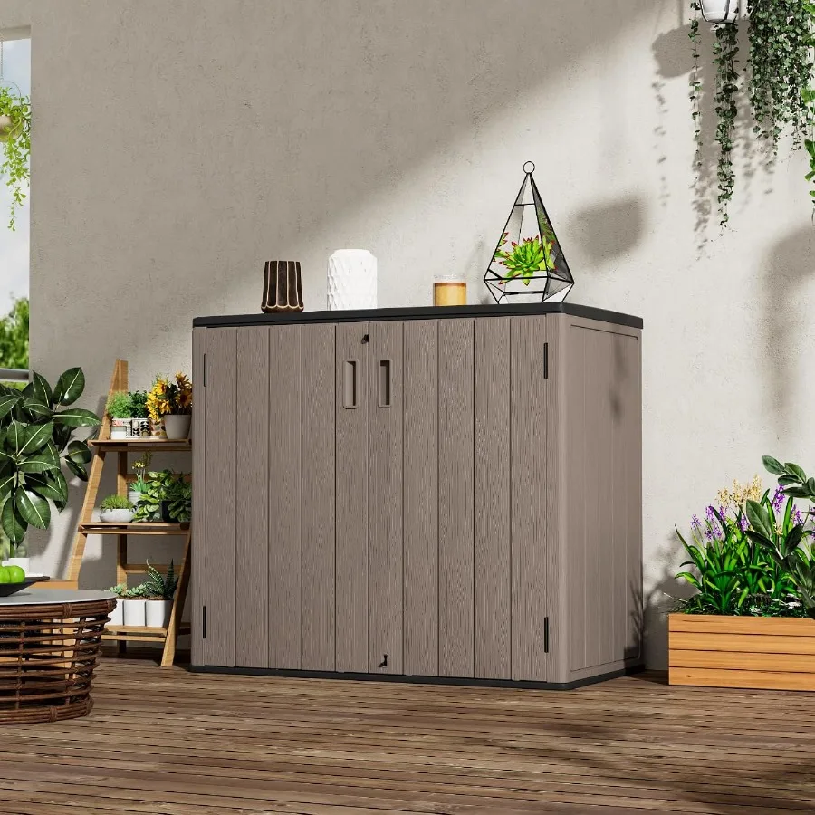 Large Outdoor Storage Box, Resin, Light Brown, Waterproof and Lockable for Balcony, Garage, Backyard 37 Cu.ft
