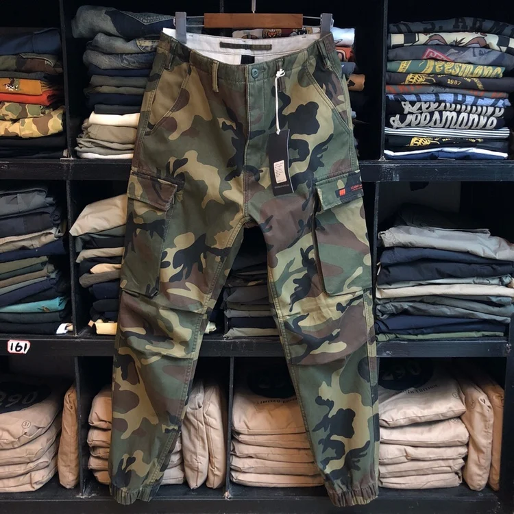 100% Cotton Thickened Plush American Casual Camouflage Multi Pocket Workwear Pants Men\'s Tights Small Legs Fleece Military Pants