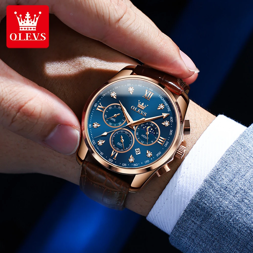 OLEVS 2888 쿼츠 스포츠 시계, 라운드 다이얼 정품 가죽 시계 밴드, 손목시계, 크로노그래프 달력, 빛나는 선물