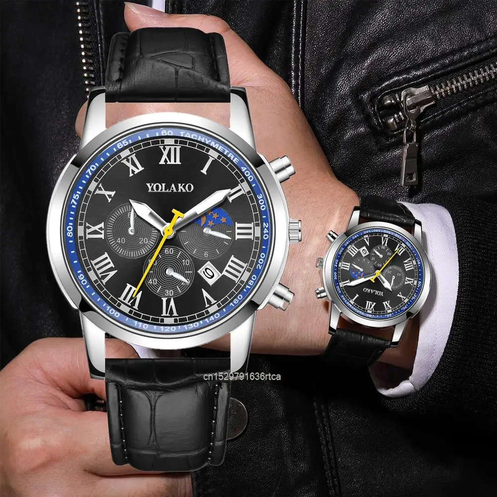 

Business 2022 Branded Men Quartz Watches Three Eyes Calendar Yellow Pointer Designing Watch Leisure PU leather Gifts Table