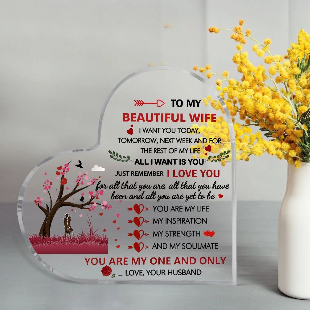Wife Gifts Acrylic Heart Keepsake Present To My Beautiful Wife Gift with Love Sayings Acrylic Plaque Romantic Gifts for Wife