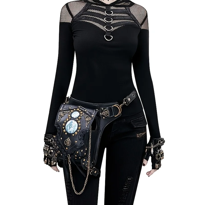 

Steampunk PU Leather Shoulder Crossbody Bag for Women Men Chain Strap Waist Pack Unisex Trendy Fashion Accessory Vintage Bag