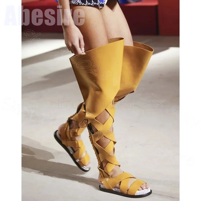 

Yellow Hollow Design Cut Heel Sandals Boots Back Zipper Women Shoes Low Top Open Toe Party Feast Runway 2025 Zapatos Para Mujere