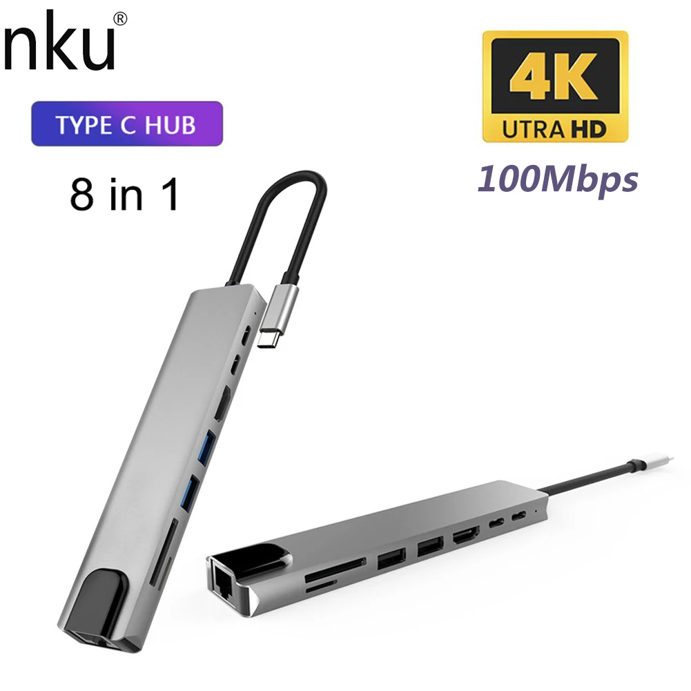 

Nku USB C док-станция типа C Thunderbolt 3 к 4K HDMI-совместимый TFSD USB RJ45 Ethernet Lan зарядка PD 8-портовый концентратор разветвитель для Macbook