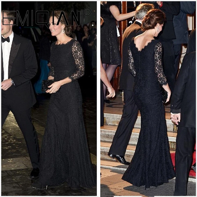 

Elegant Mermaid Mother Of The Bride Dresses O-Neck 3/4 Sleeves Kate Middleton Slim Celebrity Party Black Lace Evening Dress