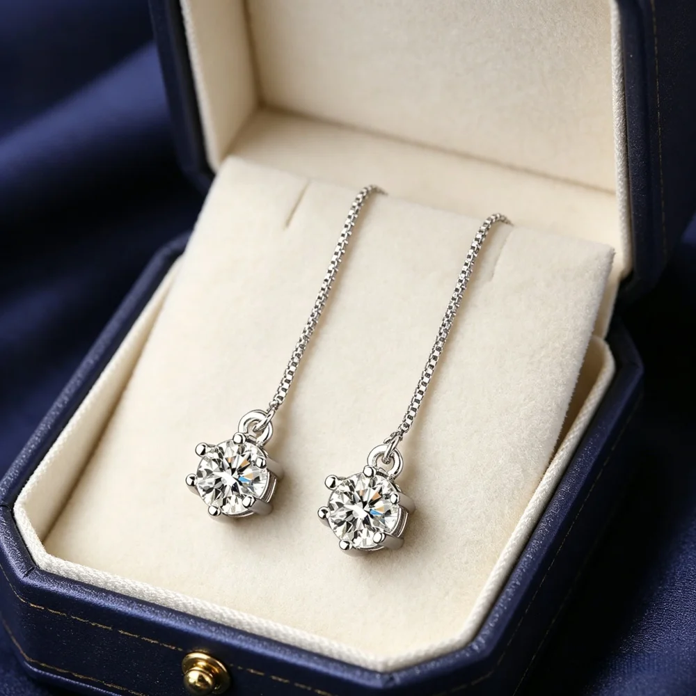 Runde Moissanit-Tropfenohrringe aus 925 Silber, Durchzieher-Ohrringe für Damen, Hängende Kettenohrringe, Hochzeitsschmuck, Geschenk – Detail 3
