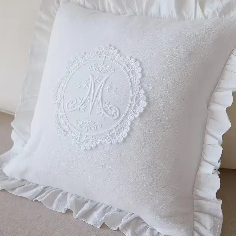 French Lace Lotus Ruffle Pillow Cover Skin-Friendly Washed Material Soft Cushion Cover for Living Room Home Use