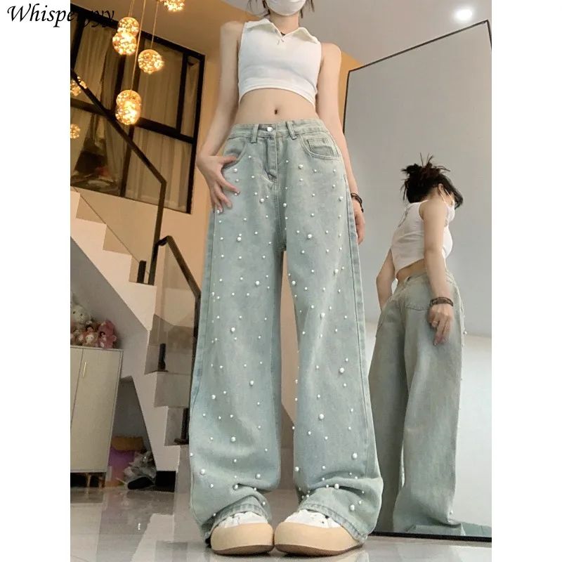 Pearl Beads Wide-leg Pants Women New Korean Fashion High Waist Denim Trousers Female Spring Autumn Casual Straight Jeans