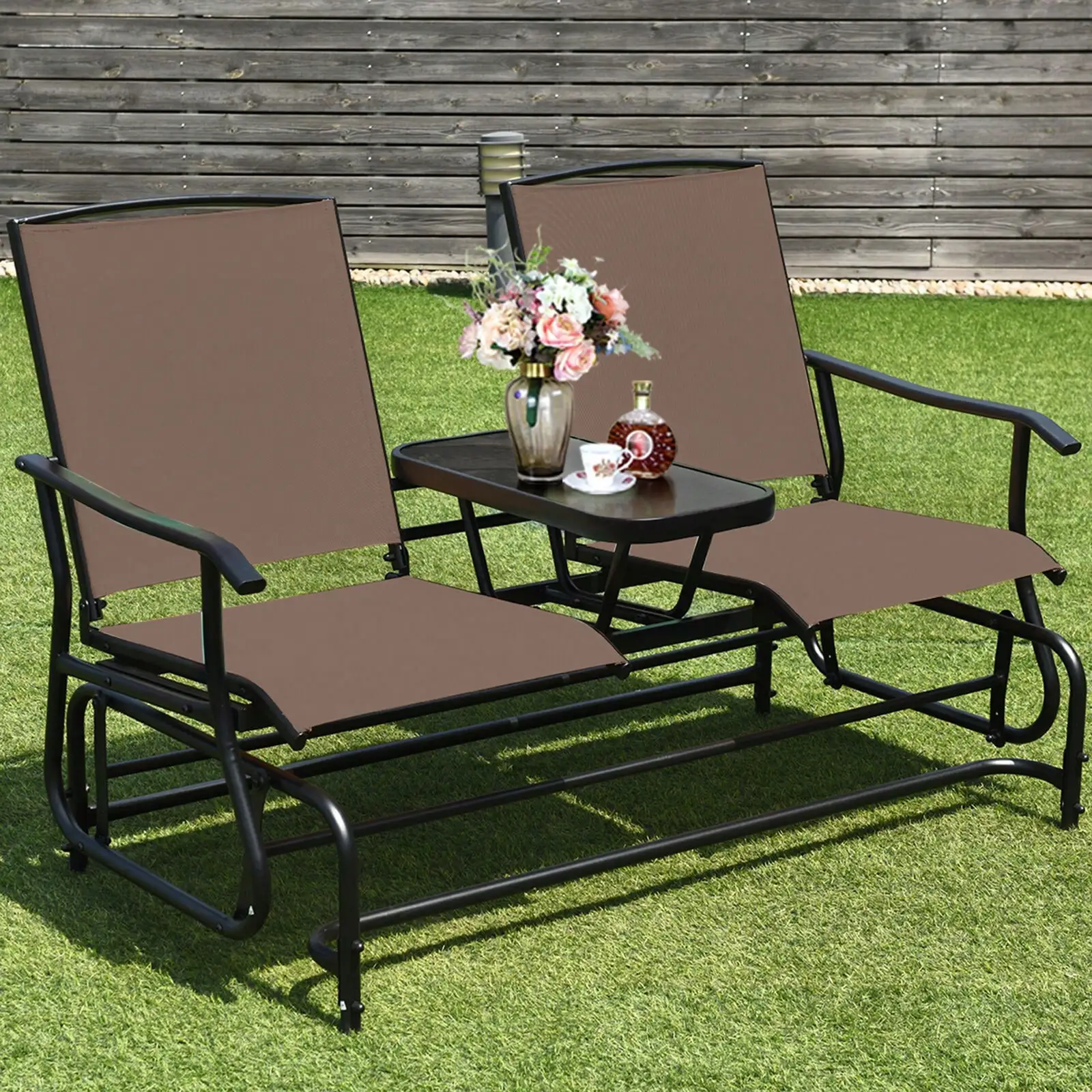 

Patio 2-Person Glider Rocking Char Loveseat Garden w/ Tempered Glass Table Brown