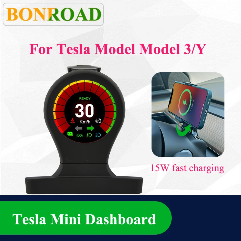 

Bonroad Tesla Model 3 Y Dashboard 2.5-inch Tachometer-Style Instrument Cluster With Mobile Phone Charging